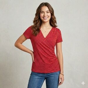 Talbots Petites Red White Polka Dot Faux Wrap Ruched V-Neck Top MP Minimalist
